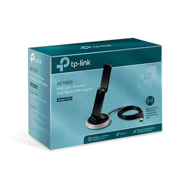 TP-LINK Archer T9UH AC1900 High Gain Wireless Dual Band USB Network Adapter with antennas and USB cradle.